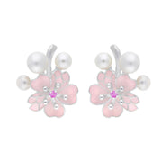 Sterling Silver Pearl and Pink Sapphire Cherry Blossom Stud Earrings