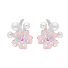 Sterling Silver Pearl and Pink Sapphire Cherry Blossom Stud Earrings