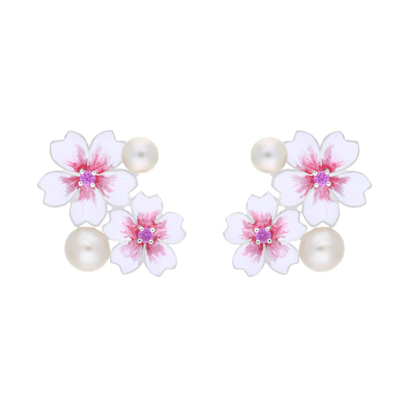 Sterling Silver Pearl & Pink Sapphire Double Cherry Blossom Stud Earrings