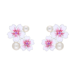 Sterling Silver Pearl & Pink Sapphire Double Cherry Blossom Stud Earrings