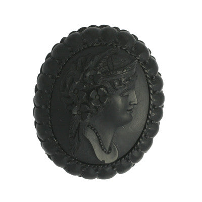 LARGE OVAL HEAVY CARVED WOMAN PATTERNED EDGE ANTIQUE JET UNIQUE BROOCH WITH METAL PIN munq0000549