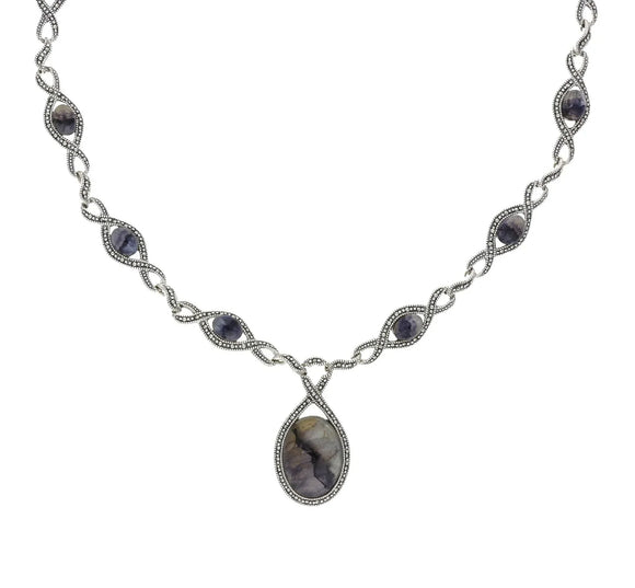 Sterling Silver Blue John Marcasite Thirteen Stone Twist Link Necklace