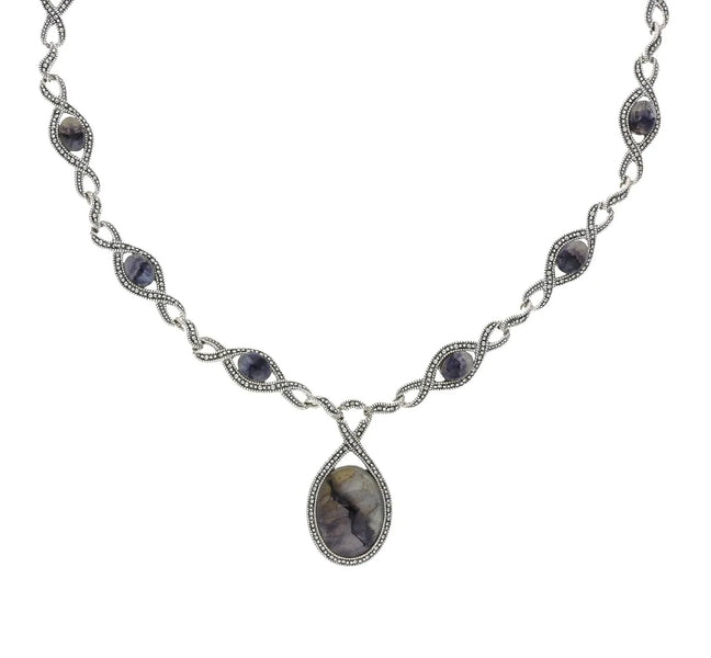 Sterling Silver Blue John Marcasite Thirteen Stone Twist Link Necklace