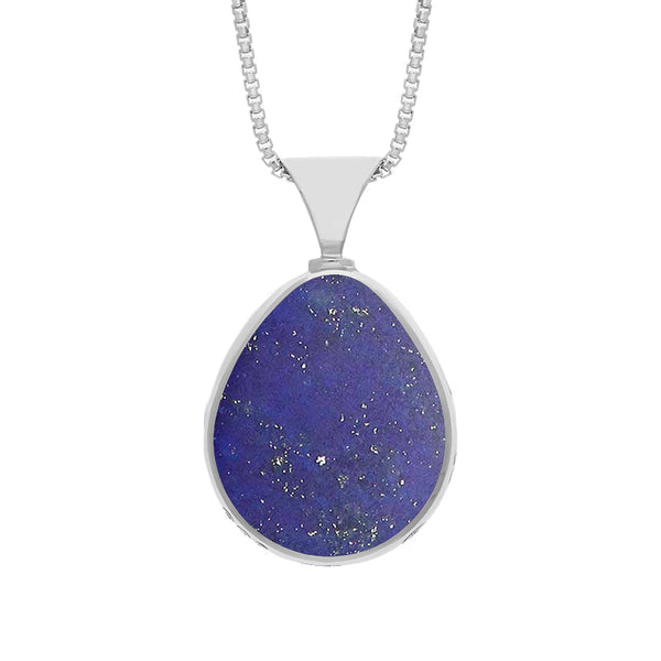 18ct White Gold Whitby Jet Lapis Lazuli Hallmark Double Sided Pear-shaped Necklace, P148_FH