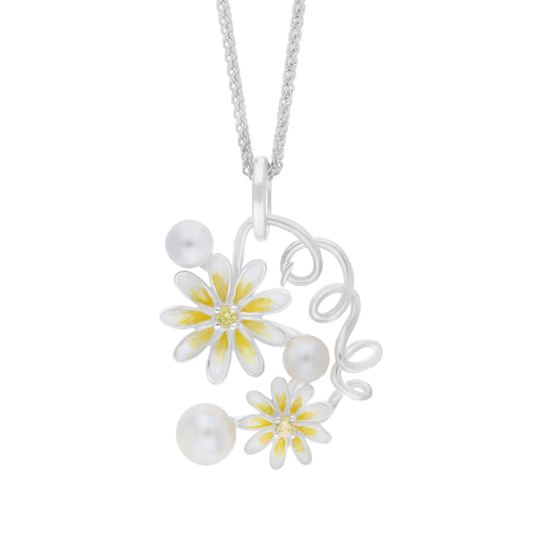 Sterling Silver Pearl and Sapphire Double Daisy Pendant