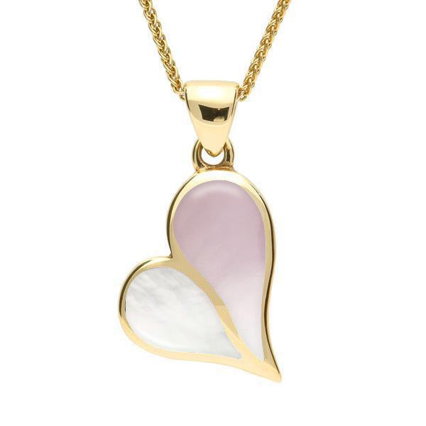 00033755  9ct Yellow Gold Pink and White Mother of Pearl Split Heart Necklace, P575.
