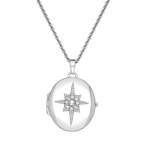 00119447 Sterling Silver Cubic Zirconia Star Centre Oval Keepsake Locket, P2630.