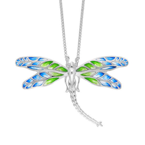Sterling Silver Blue and Green Enamel Dragonfly Pendant