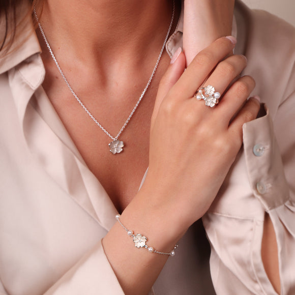 Sterling Silver White Enamel Diamond Flower Pendant