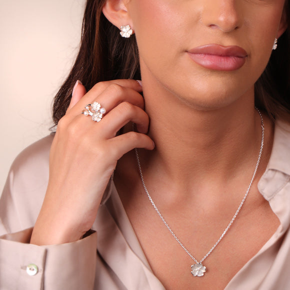 Sterling Silver White Enamel Diamond Flower Pendant