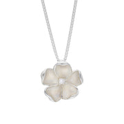 Sterling Silver White Enamel Diamond Flower Pendant