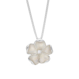 Sterling Silver White Enamel Diamond Flower Pendant