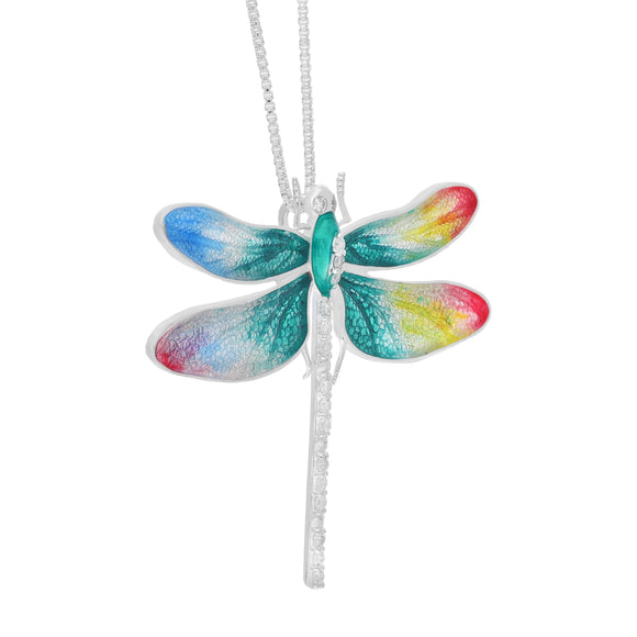Sterling Silver Multicoloured Enamel Diamond Dragonfly Pendant