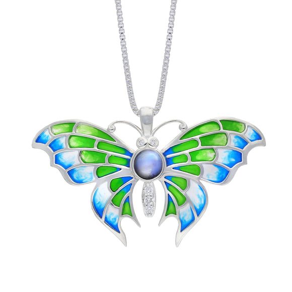 Sterling Silver Blue Green Enamel with Diamond & Blue Moonstone Butterfly Pendant