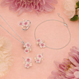 Sterling Silver Pearl & Pink Sapphire Double Cherry Blossom Flower Pendant