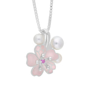 Sterling Silver Pearl and Pink Sapphire Cherry Blossom Flower Pendant
