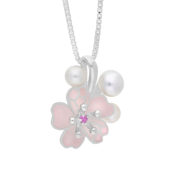 Sterling Silver Pearl and Pink Sapphire Cherry Blossom Flower Pendant