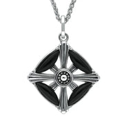 Pendant Whitby Jet And Silver Oxidised 4 Stone Square Cross. P2616.