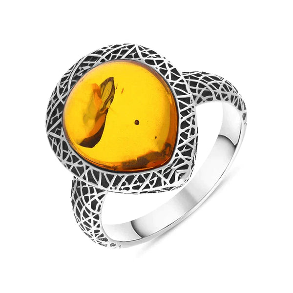 Sterling Silver Cognac Amber Basket Weave Edge Pear Ring, R1207_C