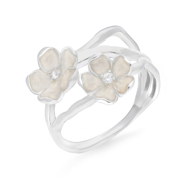 Sterling Silver Enamel Diamond Double Flower Ring