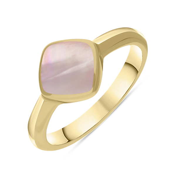 9ct Yellow Gold Pink Mother of Pearl Cushion Ring, R406.