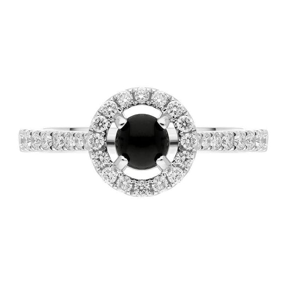 18ct White Gold Whitby Jet 0.33ct Diamond Round Halo Ring, R898.