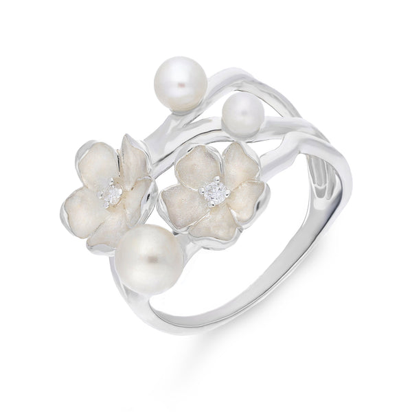 Sterling Silver Pearl Diamond Double Flower Ring