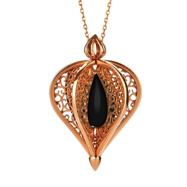 Rose Gold Vermeil Whitby Jet Flore Filigree Droplet Necklace P2330C