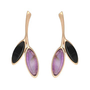 Rose Gold Vermeil Whitby Jet Amethyst Two Leaf Drop Stud Earrings E2433