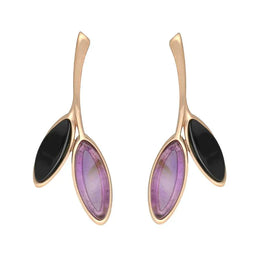 Rose Gold Vermeil Whitby Jet Amethyst Two Leaf Drop Stud Earrings E2433