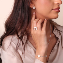 Sterling Silver Pearl & Diamond Three Flower Bracelet