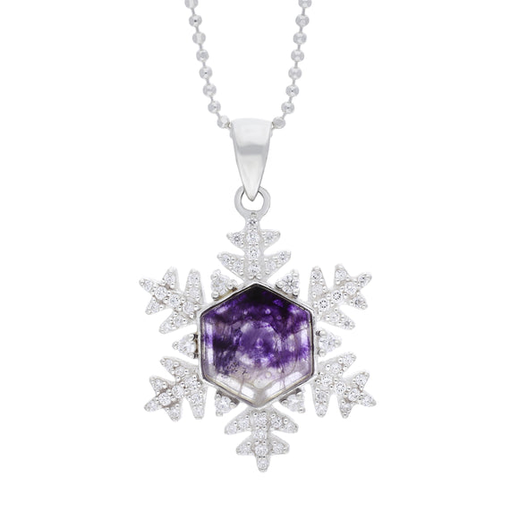 Sterling Silver 26mm White Cubic Zirconia & Blue John Snowflake Pendant