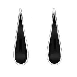 Sterling Silver Whitby Jet Curved Pear Hook Earrings. E2011.