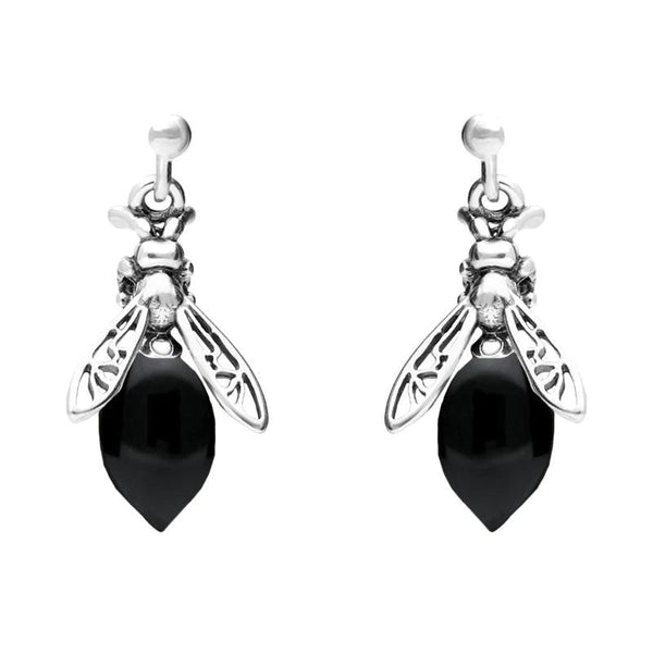 00182474 Sterling Silver Whitby Jet Small Bee Drop Earrings, E2423.