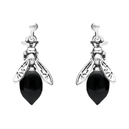 00182474 Sterling Silver Whitby Jet Small Bee Drop Earrings, E2423.