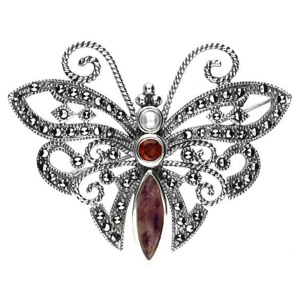 Sterling Silver Blue John Marcasite Garnet Pearl House Style Butterfly Brooch M334