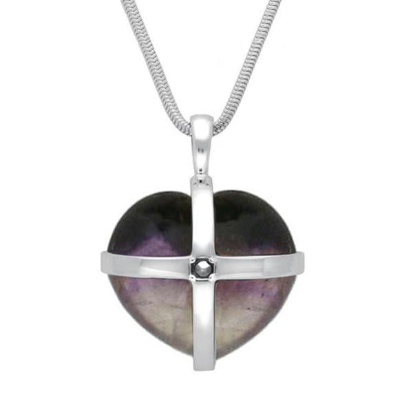 Sterling Silver Blue John One Pearl Medium Cross Heart Necklace. P2160.