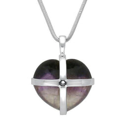 Sterling Silver Blue John One Pearl Medium Cross Heart Necklace. P2160.