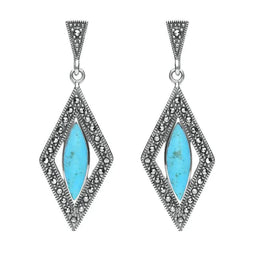 Sterling Silver Turquoise Marcasite Diamond Shaped Earrings E1789