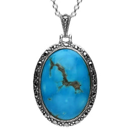Sterling Silver Turquoise Marcasite Star Back Oval Pendant Necklace. P2152.