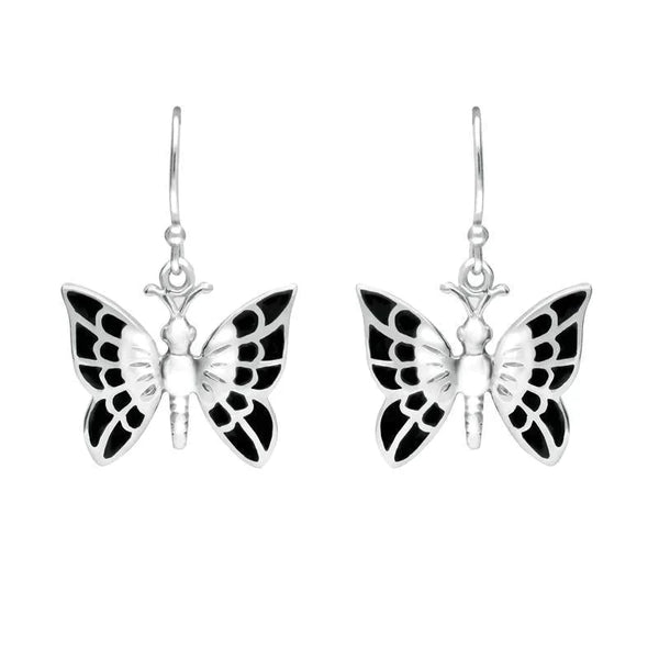 Sterling Silver Whitby Jet Butterfly Drop Earrings E1950