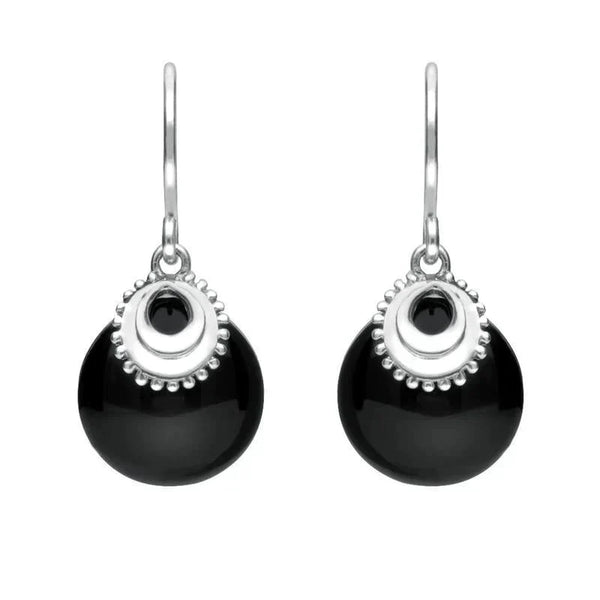 Sterling Silver Whitby Jet Button Cap Drop Earrings E1981