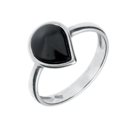 Sterling Silver Whitby Jet Curved Pear Ring R829