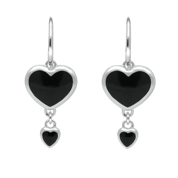 Silver Whitby Jet Double Heart Hook Earrings E2259