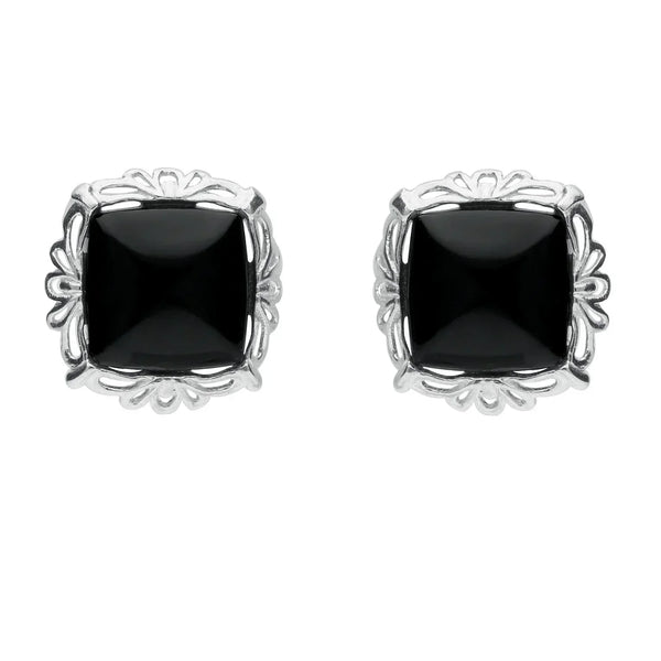 Silver Whitby Jet Fancy Cushion Stud Earrings E2125