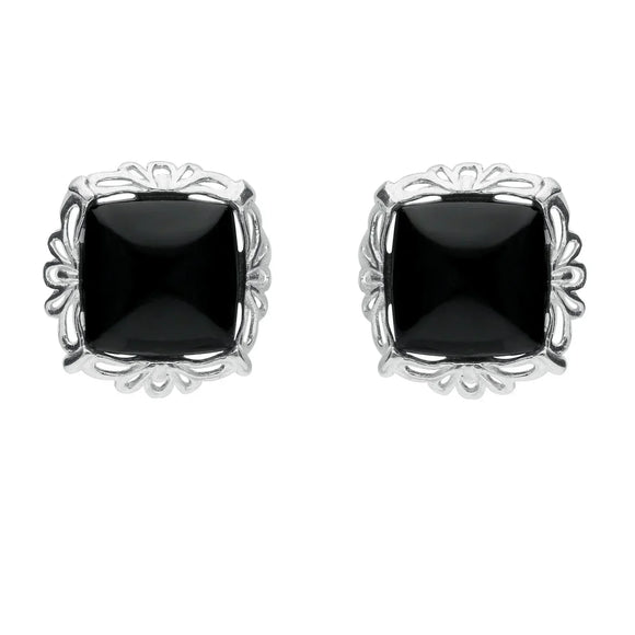 Silver Whitby Jet Fancy Cushion Stud Earrings E2125
