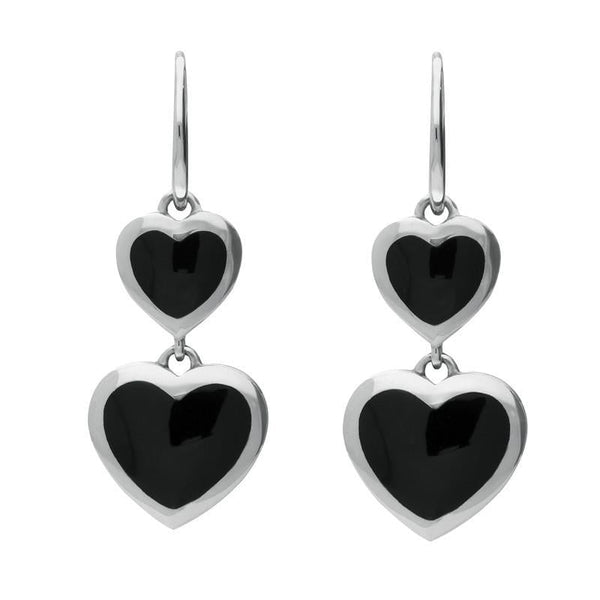 Sterling Silver Whitby Jet Eclipse Graduated Heart Hook Earrings. E2012.