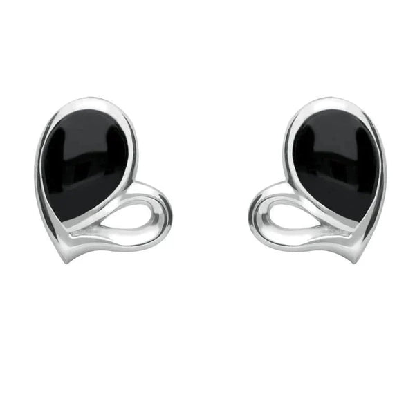 Sterling Silver Whitby Jet Half Filled Heart Stud Earrings. E1902. 