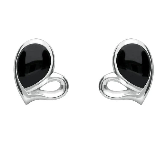 Sterling Silver Whitby Jet Half Filled Heart Stud Earrings. E1902. 
