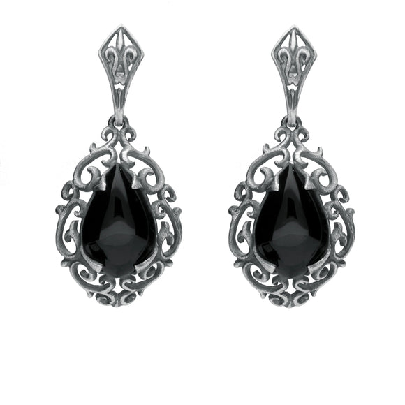 Sterling Silver Whitby Jet Heritage Heavy Carved Pear Earrings. E2176.